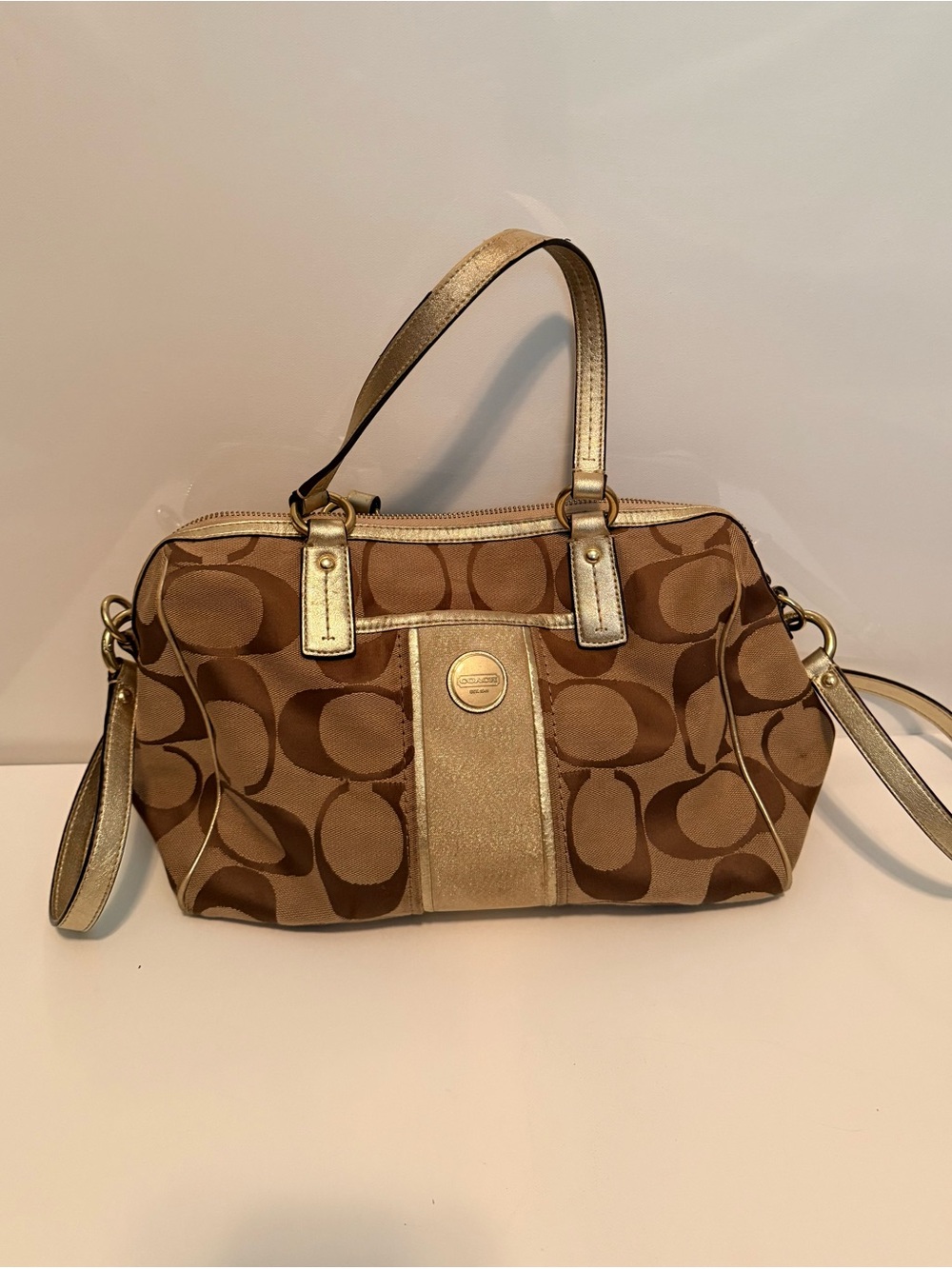 Coach Brown Signature Jacquard Satchel with Gold Trim